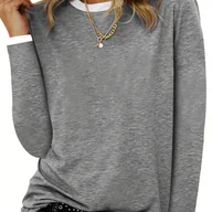 Bluzki damskie - TEMU Koszulka Damska z Długim Rękawem i Okrągłym Dekoltem - Miękka, Luźna, Jednokolorowa na Wiosnę/Jesień, Idealna na Codzienne Ubrania, Casualowy - miniaturka - grafika 1