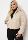 Kurtki damskie - Beżowa Kurtka Krótka z Pikowaniem i Odpinanym Kapturem Taraes - miniaturka - grafika 1