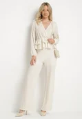 Komplety damskie - Beżowy Komplet z Tłoczonej Tkaniny Kopertowa Bluzka z Falbanką i Spodnie Hilinne - miniaturka - grafika 1