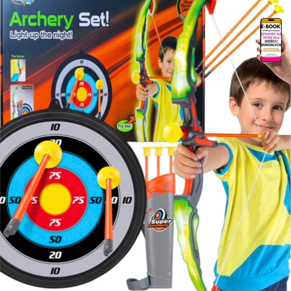 ŁUK DLA DZIECI LED + STRZAŁY + TARCZA – ZESTAW DO ZABAWY W DOMU I NA ZEWNĄTRZ Prezent Dla Chłopca Na Urodziny Święta + EBOOK-3