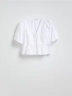 Bluzki damskie - Reserved - Wiązana bluzka z baskinką - biały - miniaturka - grafika 1