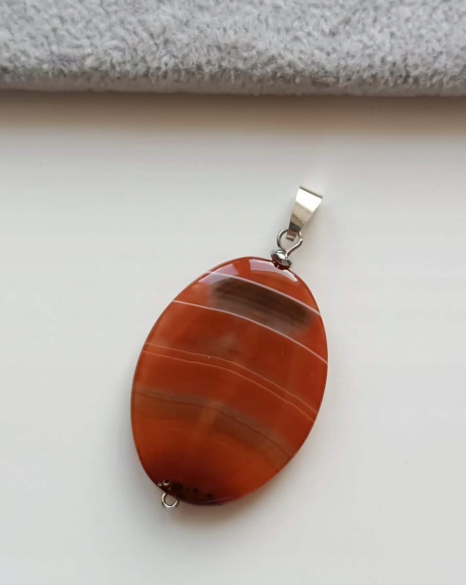 OWALNA ZAWIESZKA WISIOREK BRĄZOWY AGAT KARNEOL GŁADKI SREBRO 4cm x 3cm
