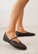 Baleriny - Czarne Balerinki Mary Jane z Ażurową Cholewką Imitującą Plecionkę Timina - miniaturka - grafika 1