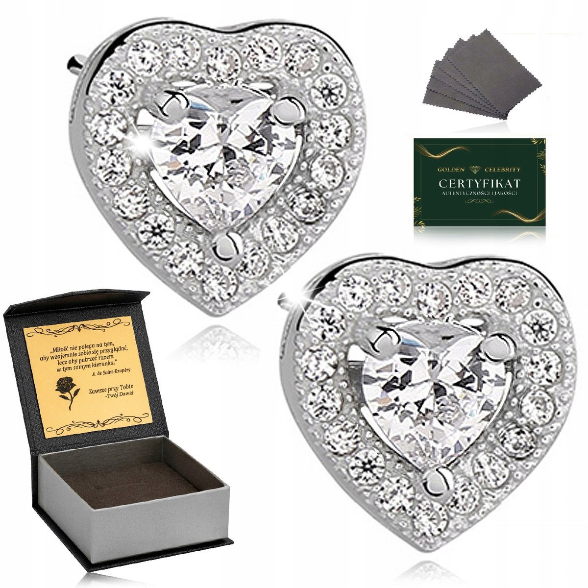 Srebrne Kolczyki Damskie 925 Serca Z Cyrkoniami Prezent Dla Kobiety+Grawer