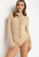 Body - Beżowe Body z Transparentną Wstawką i Długim Rękawem Gaatha - miniaturka - grafika 1