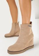 Botki damskie - Ciemnobeżowe Botki na Koturnie z Ozdobną Klamerką z Cyrkoniami Atuna - miniaturka - grafika 1