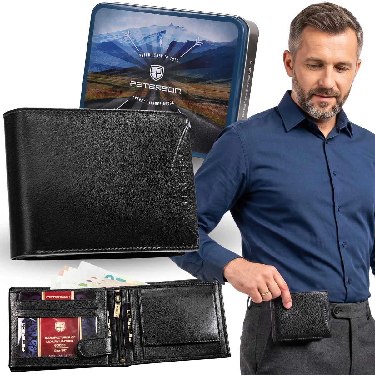Peterson ROZBUDOWANY, czarny skórzany portfel męski, BEZPIECZNY RFID, w metalowej puszce na PREZENT