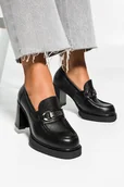Mokasyny damskie - Czarne mokasyny skórzane damskie na szerokim klocku ze srebrną ozdobą PRODUKT POLSKI Casu 20177 - miniaturka - grafika 1
