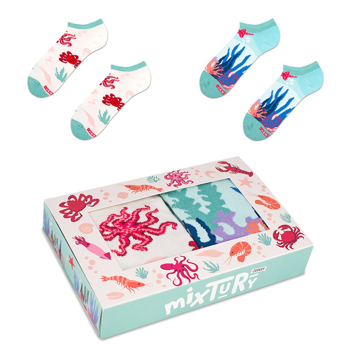 ZOOKSY kolorowe damskie skarpetki stopki w zestawie r.36-40 2 pary, krótkie pastelowe skarpetki - mixTURY SKARBY MORZA