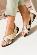 Sandały damskie - Beżowe sandały skórzane damskie płaskie na rzep paski na krzyż złoty wzór wężowy PRODUKT POLSKI Casu 40141 - miniaturka - grafika 1