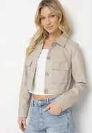 Kurtki damskie - Beżowa Krótka Kurtka z Imitacji Skóry o Koszulowym Kroju z Kieszeniami Sesonia - miniaturka - grafika 1