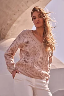 Sweter z Dekoltem w Serek - Pudrowy - Swetry damskie - miniaturka - grafika 1
