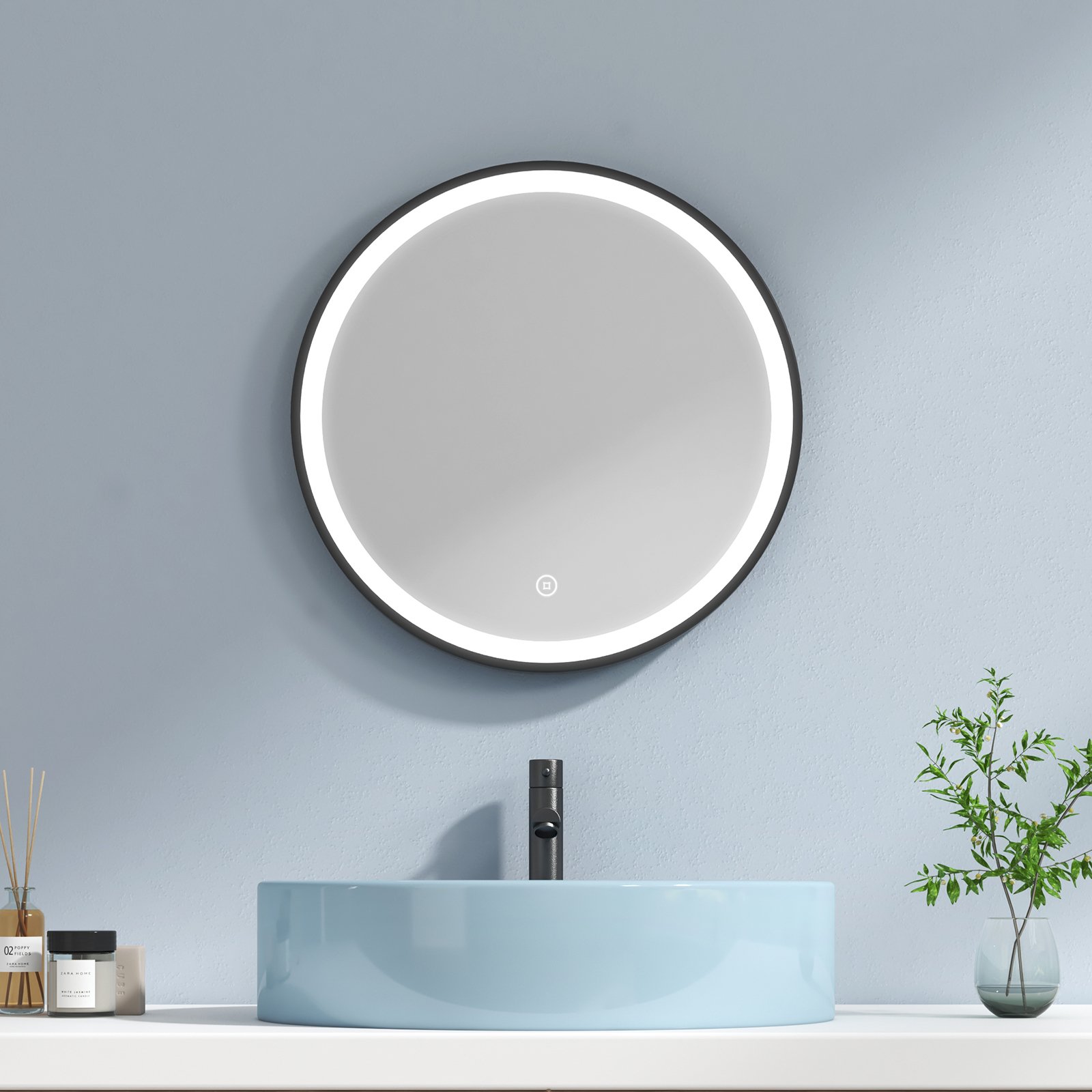 Okrągłe lustro łazienkowe LED EMKE 60 cm z regulacją jasności, funkcją pamięci i 3-godzinnym automatycznym wyłączaniem, lustro łazienkowe Smart Touch z czarnym skórzanym paskiem
