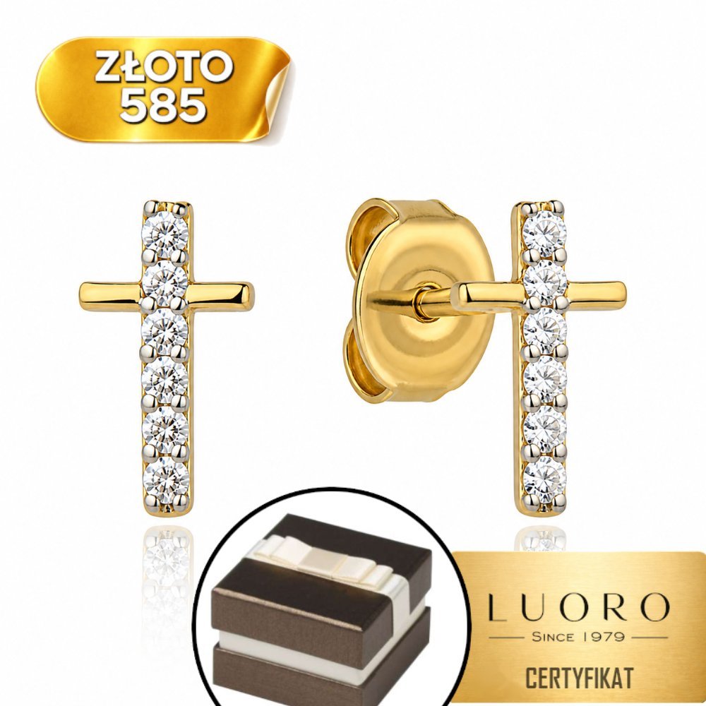 KOLCZYKI ZŁOTE 585 14K KRZYŻYK Z CYRKONIAMI SZTYFT 0,8 CM PREZENT