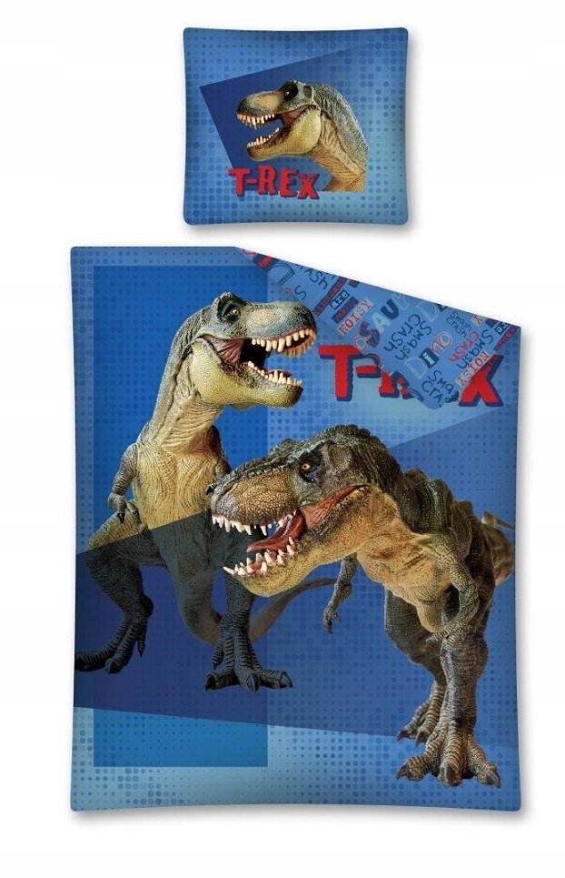 pościel młodzieżowa bawełniana 140x200 T-rex Dino Dinozaur niebieska
