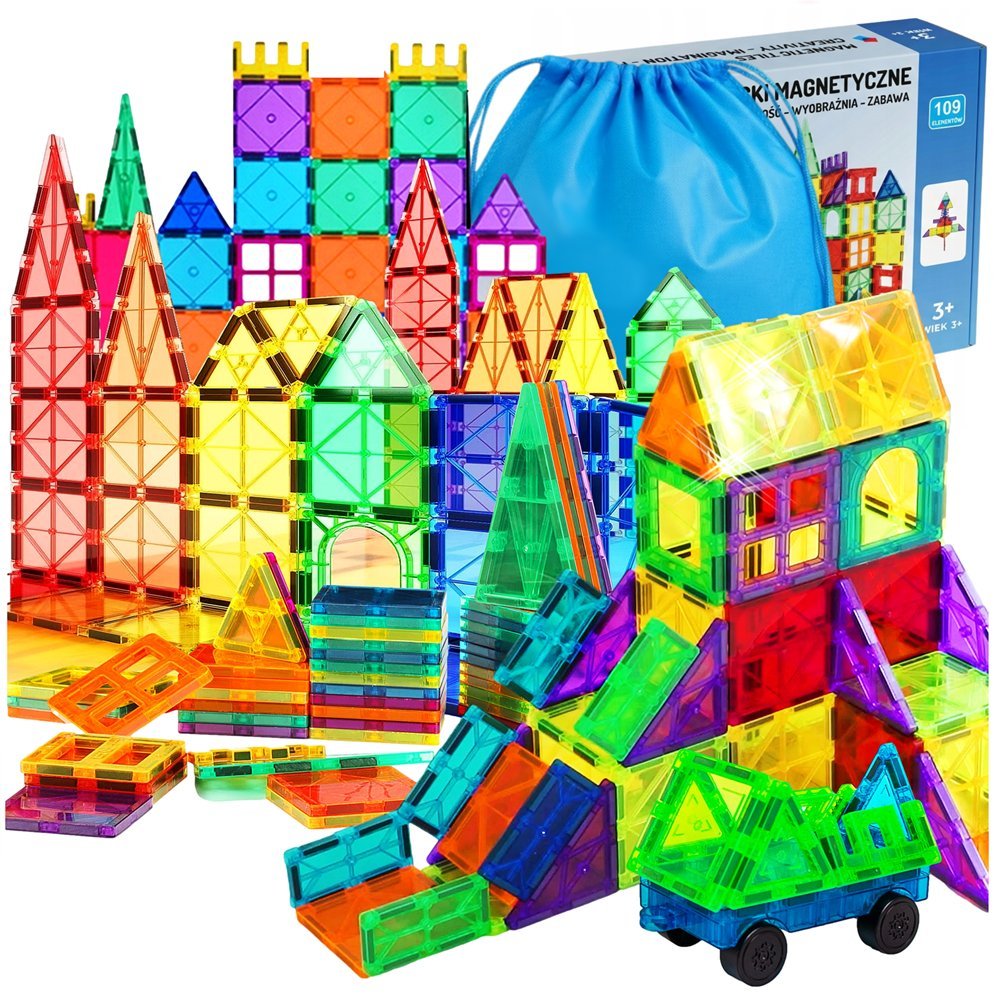 Klocki Magnetyczne Konstrukcyjne 3D Rainbow Magnetic Tiles XXL DUŻY ZESTAW DLA DZIECI 109 el DUŻE PANELE SAMOCHODY + TORBA