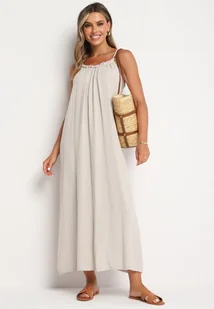 Beżowa Muślinowa Bawełniana Sukienka na Cienkich Regulowanych Ramiączkach z Wiązaniem Natalbea - Sukienki - miniaturka - grafika 1