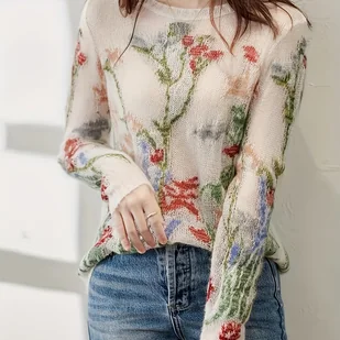 TEMU Francuski Elegancki Sweter z Kwiatowym Nadrukiem dla Kobiet - Miękka Półprzezroczysta, Okrągły Dekolt, Średnia Elastyczność i na Każdą Porę Roku - Swetry damskie - miniaturka - grafika 1