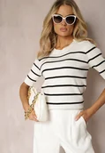 Bluzki damskie - Biała Prążkowana Bluzka z Wiskozy w Paski z Ozdobnymi Guzikami na Ramionach Crea - miniaturka - grafika 1