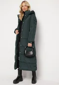 Kurtki damskie - Ciemnozielona Długa Kurtka Pikowana z Kapturem Bellique - miniaturka - grafika 1