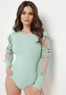 Bluzki damskie - Miętowe Body z Wiskozy z Długim Rękawem Ozdobionym Ażurową Koronką i Falbanką Sumveni - miniaturka - grafika 1
