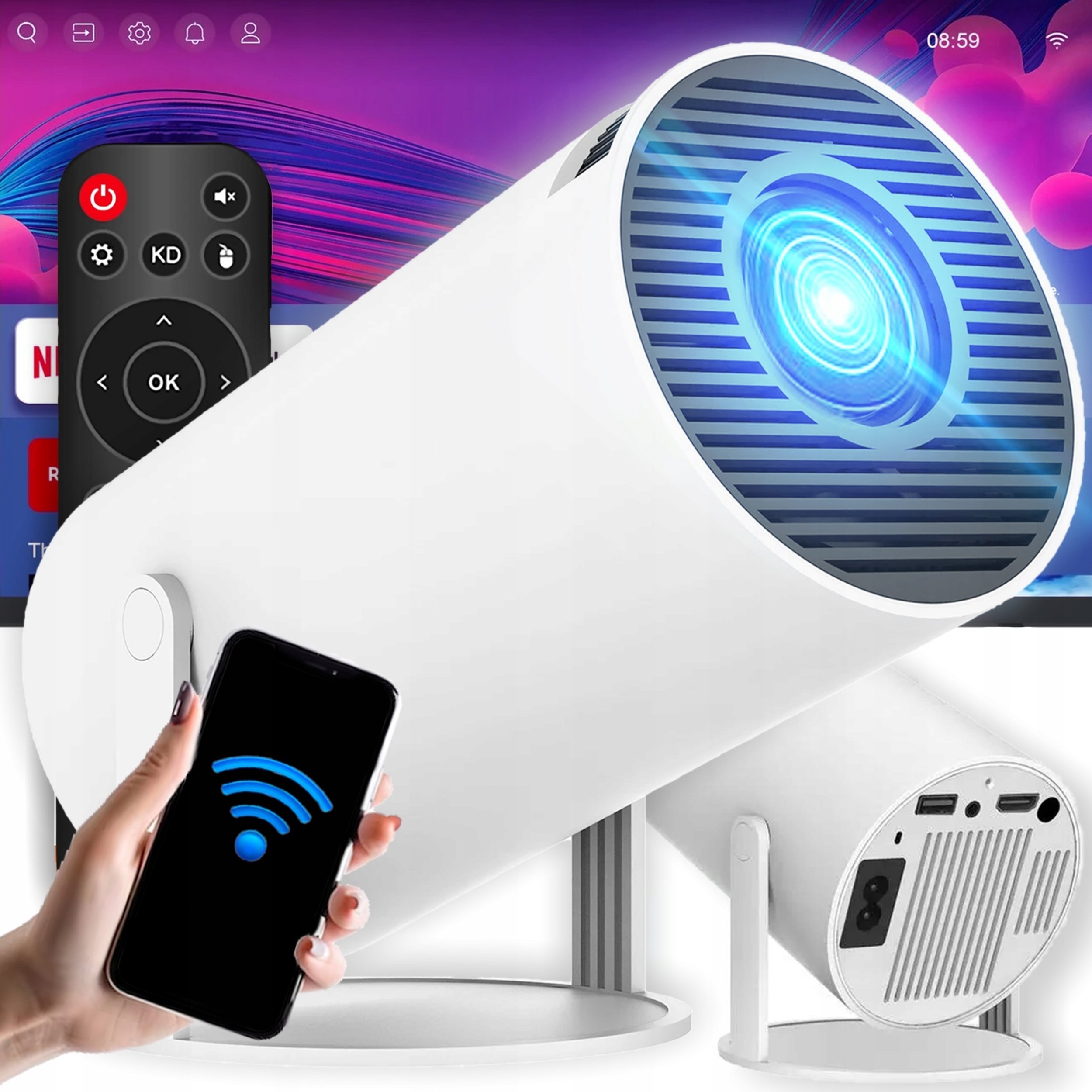 Retoo PROJEKTOR RZUTNIK WIFI ANDROID PRZENOŚNY OBROTOWY SMART 4K
