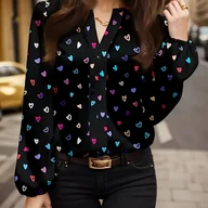 Koszule damskie - TEMU Elegancka Bluzka Damska z Długim Rękawem i Dekoltem w Serek - Czarna z Wielokolorowym Nadrukiem Serc (Różowy, Niebieski, Fioletowy, Czerwony, - miniaturka - grafika 1