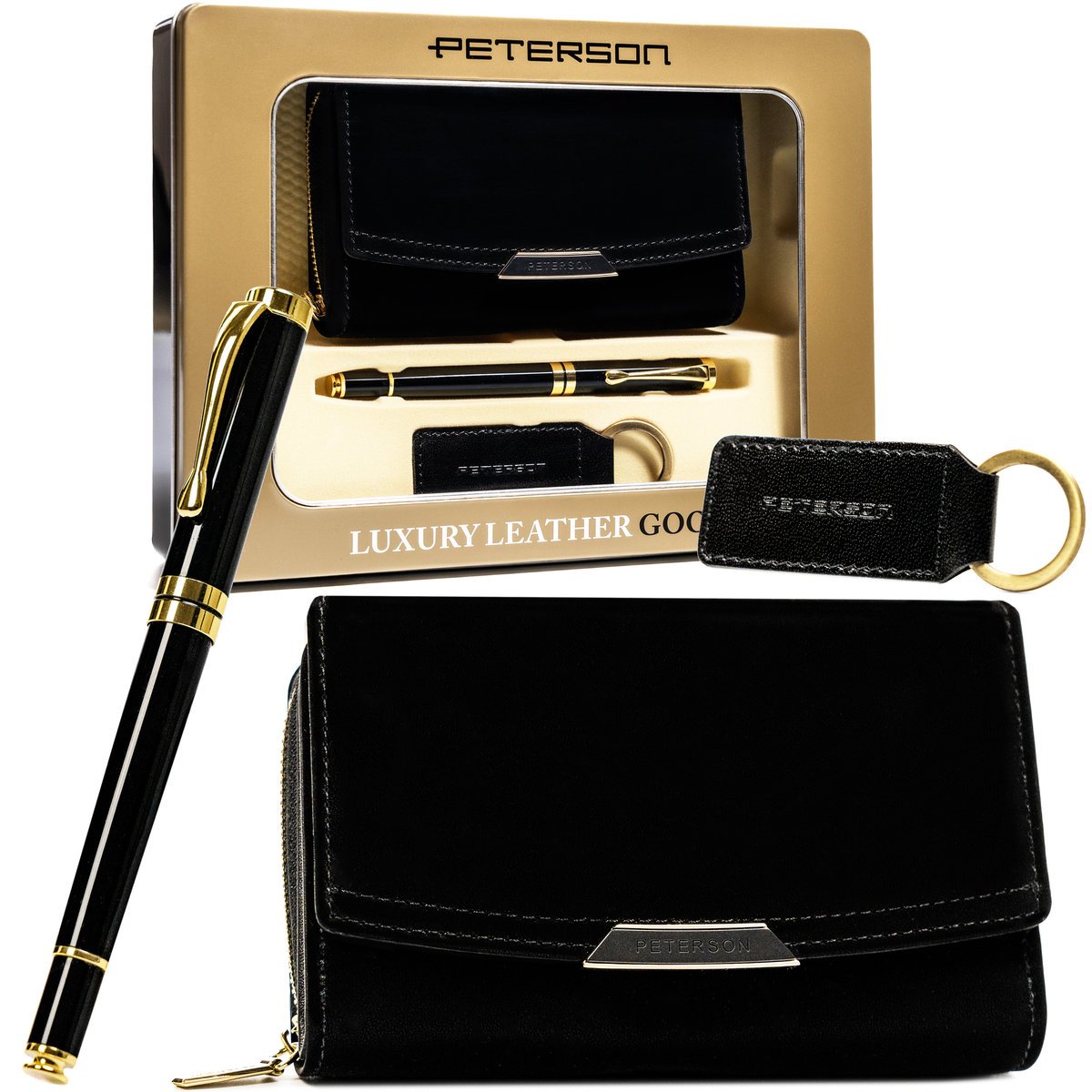 Portfel damski średni czarny skóra ekologiczna na zatrzask i suwak zestaw długopis brelok na prezent ochrona kart RFID PETERSON