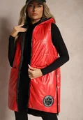 Kamizelki damskie - Czerwona Długa Kamizelka z Naszywką i Kapturem Wykończona Napami Nevellitae - miniaturka - grafika 1