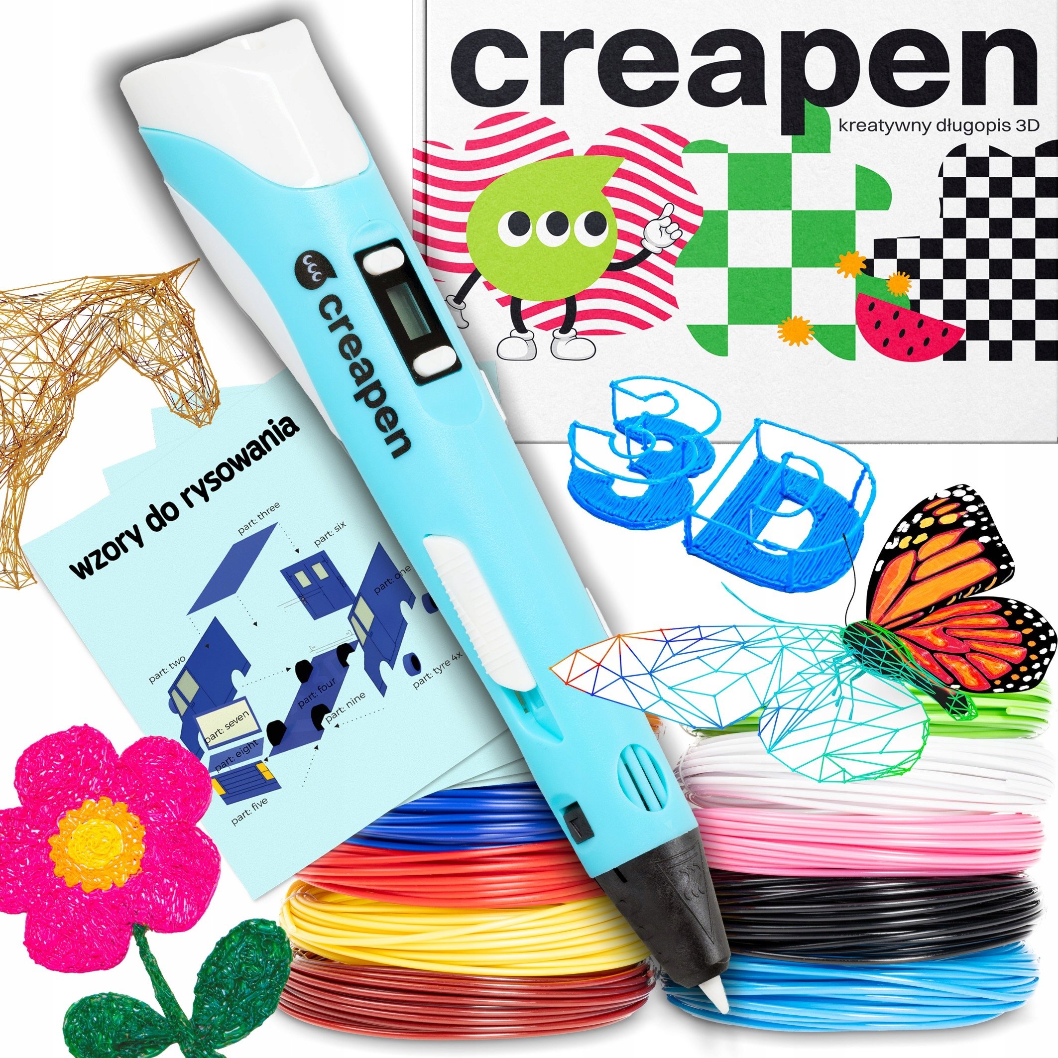 Zestaw x2 Długopis 3D Pen Magiczny 109m wkładów 75 szablonów Niebieski