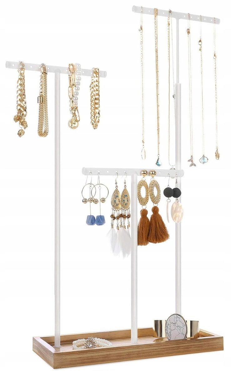 PREMIUM STOJAK NA BIŻUTERIĘ EKSPOZYTOR WIESZAK KOLCZYKI STAL DREWNO SN