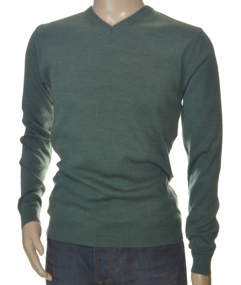 Sweter męski w szpic serek z wełny wełniany niegryzący XL khaki 1703