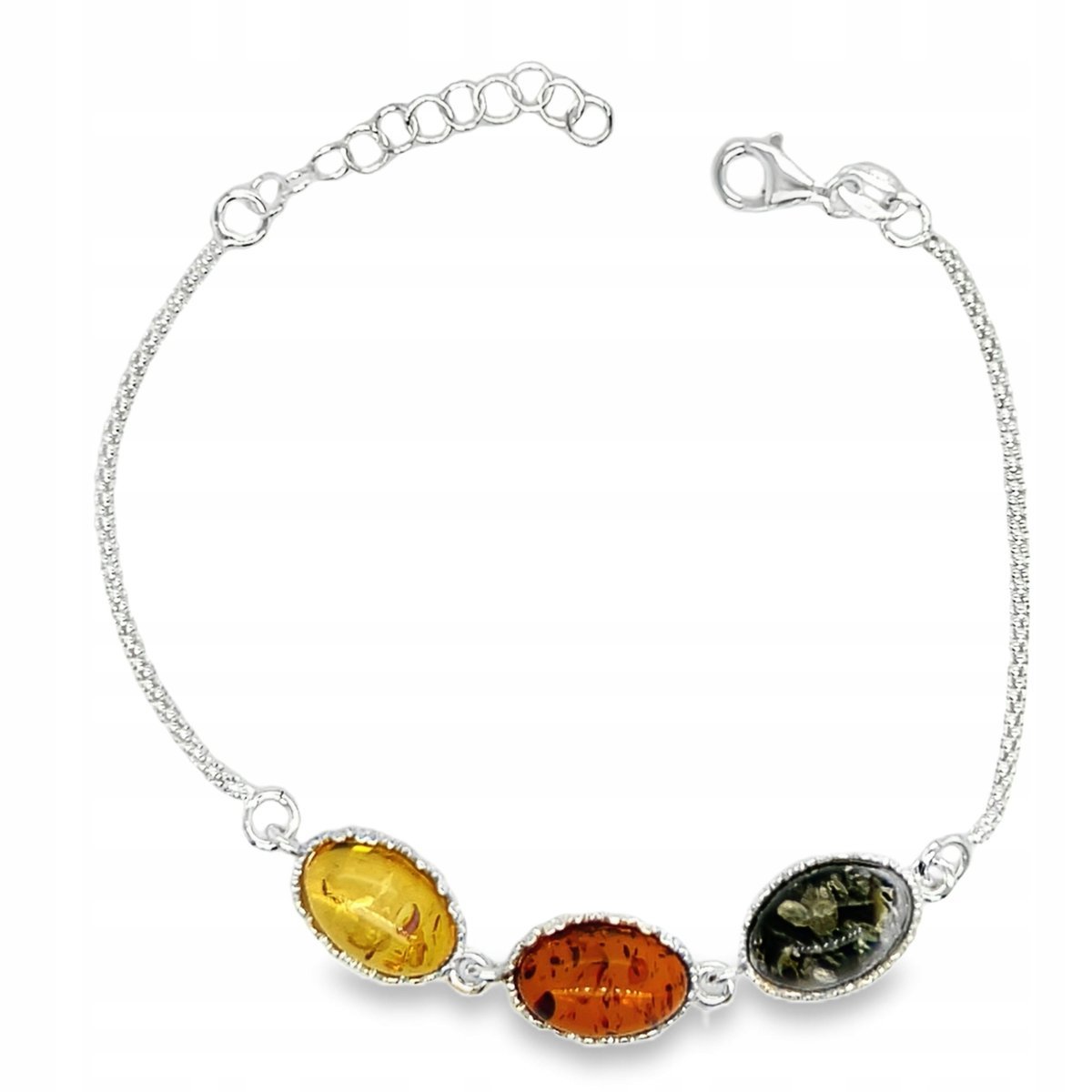 Bransoletka DELIKATNA srebrna z bursztynem koniakowy zielony cytrynowy