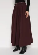 Spódnice - Bordowa Wiskozowa Spódnica o Rozkloszowanym Kroju z Paskiem z Klamrą Lawedisa - miniaturka - grafika 1