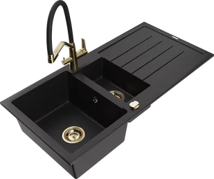 Mexen Andres zlewozmywak granitowy 1,5-komorowy z ociekaczem i baterią kuchenną Duo, czarny - 6515-77-671701-57-G - Zlewozmywaki z baterią - miniaturka - grafika 1