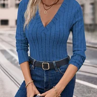 Bluzki damskie - TEMU Wiosenno-Jesienna Damska Bluzka z Dekoltem w Serek, Duże Żebrowane Rękawy, Casual, Jednokolorowa - miniaturka - grafika 1