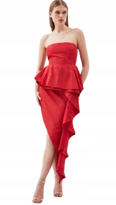 KAREN MILLEN CZERWONA SUKIENKA Z FALBANĄ I ASYMETRYCZNYM DOŁEM 38 B1C