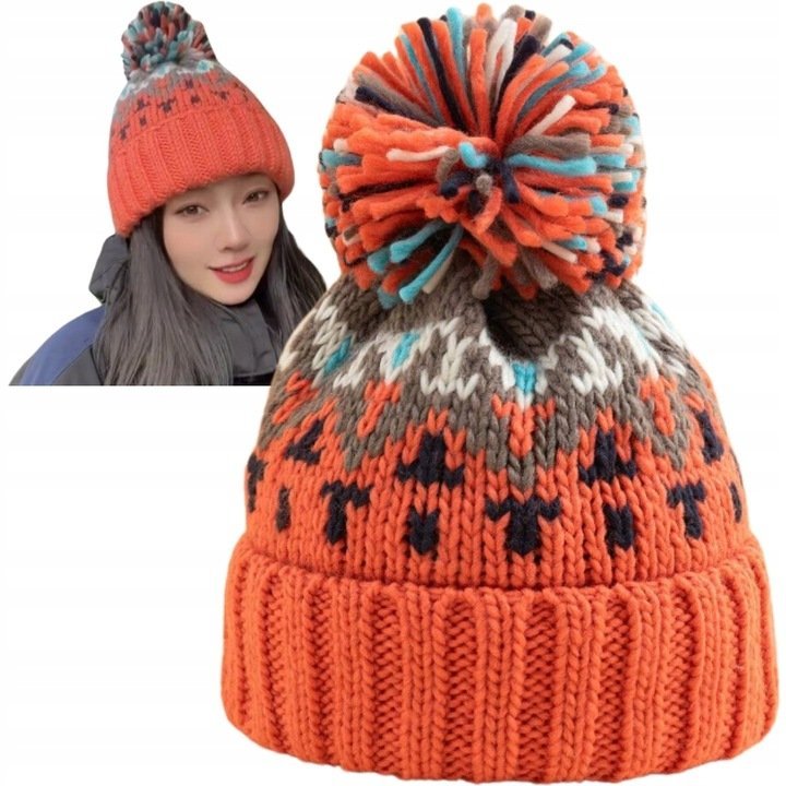 Czapka Zimowa Damska Z Pomponem Beanie Ocieplana Na Zimę Pomarańczowa