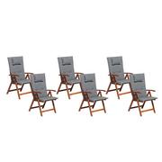 Fotele i krzesła ogrodowe - Beliani Zestaw 6 krzeseł ogrodowych drewnianych z szarymi poduszkami TOSCANA - miniaturka - grafika 1
