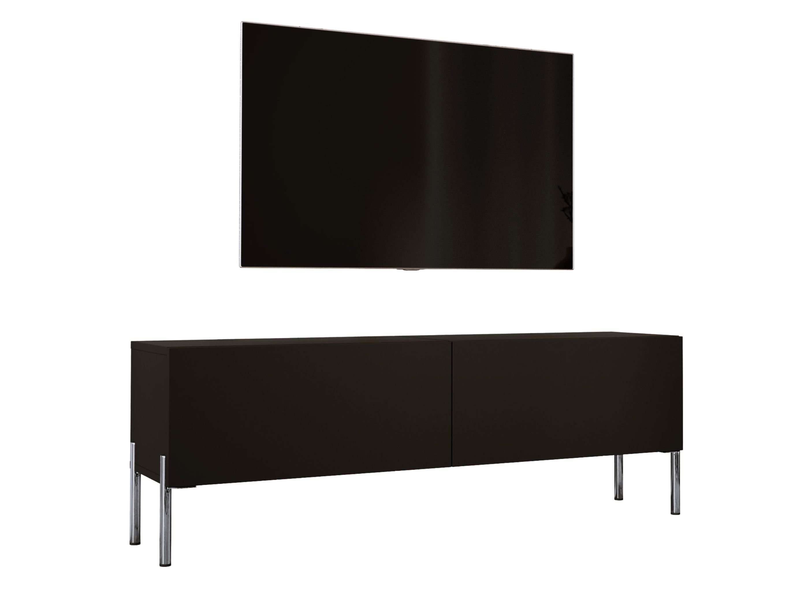 Szafka pod telewizor w kolorze czarnym matowym / czarnym błyszczącym z chromowanymi nogami, A: szer: 140 cm cm, wys: 52 cm, gł: 32 cm. Meble pod telewizor, stolik pod telewizor, ława pod telewizor