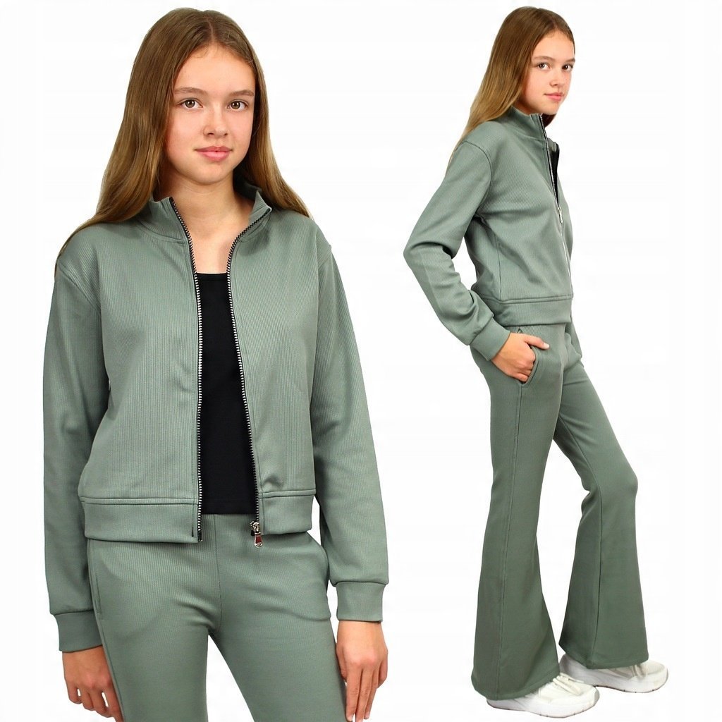 KOMPLET Dresowy 3-częściowy BLUZA Rozpinana Top SPODNIE Dzwony FLARE 164