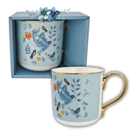 Kubki - Niebieski porcelanowy kubek w ptaki ze złotym uchem zapakowany na prezent 550 ml - miniaturka - grafika 1