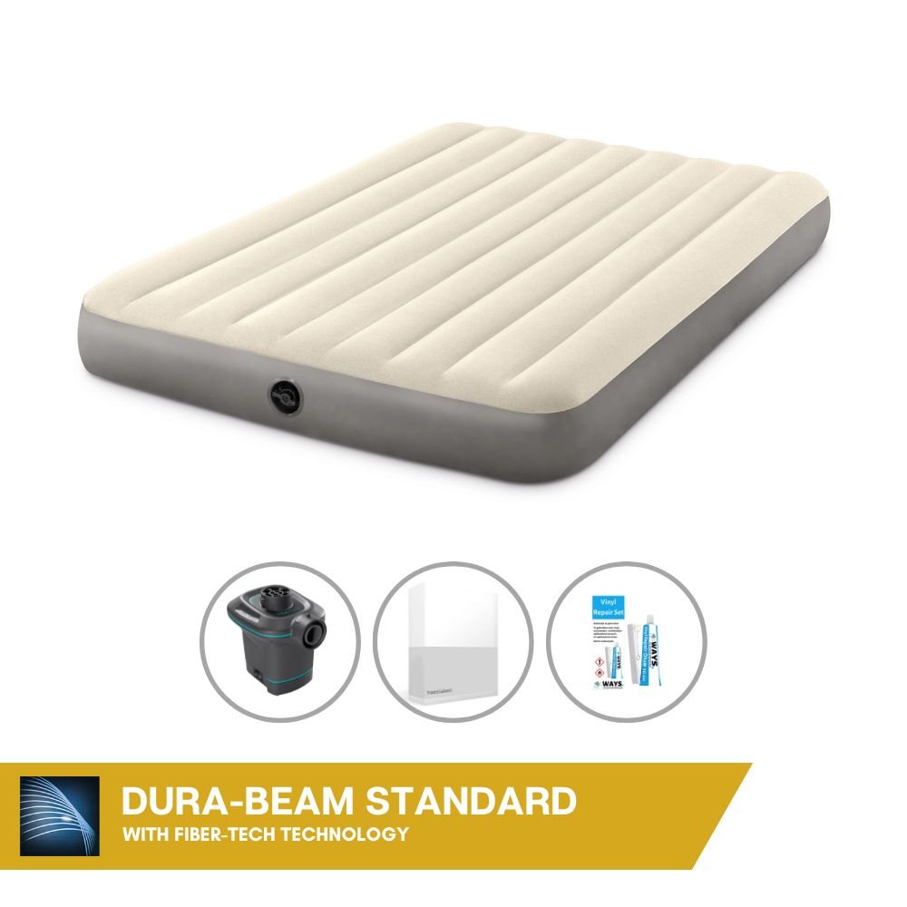 Dmuchane łóżko Intex - 2 osoby - 152 x 203 x 25 cm - beżowe + pompka elektryczna Intex - 650 litrów/min + prześcieradło białe + zestaw naprawczy