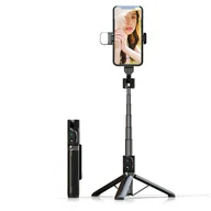 Selfie stick - UCHWYT SELFIE - z odpinanym pilotem bluetooth, tripodem i lampą LED - P90D CZARNY - miniaturka - grafika 1
