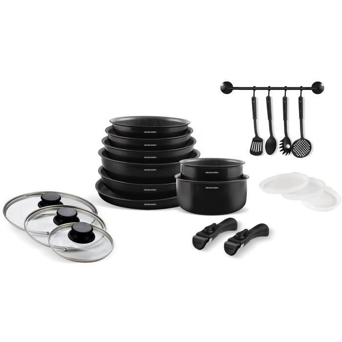 Zestaw garnków indukcyjnych - Arthur Martin - AM558 - Aluminium - 20 sztuk - Rączka odczepiana - Do wszystkich typów kuchenek, w tym indukcyjnych