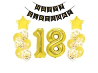 Balony i akcesoria - Zestaw balonów, Na 18 (osiemnaste) urodziny, złoty, 16 szt. plus baner [balon z helem] - miniaturka - grafika 1