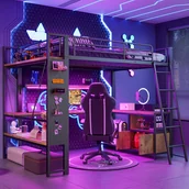 Łóżka dla dzieci i młodzieży - Łóżko piętrowe 140 x 200 cm z biurkiem narożnym i półkami - Metal + MDF - Diody LED i port USB - Czarne (Materac nie jest wliczony w cenę) - miniaturka - grafika 1