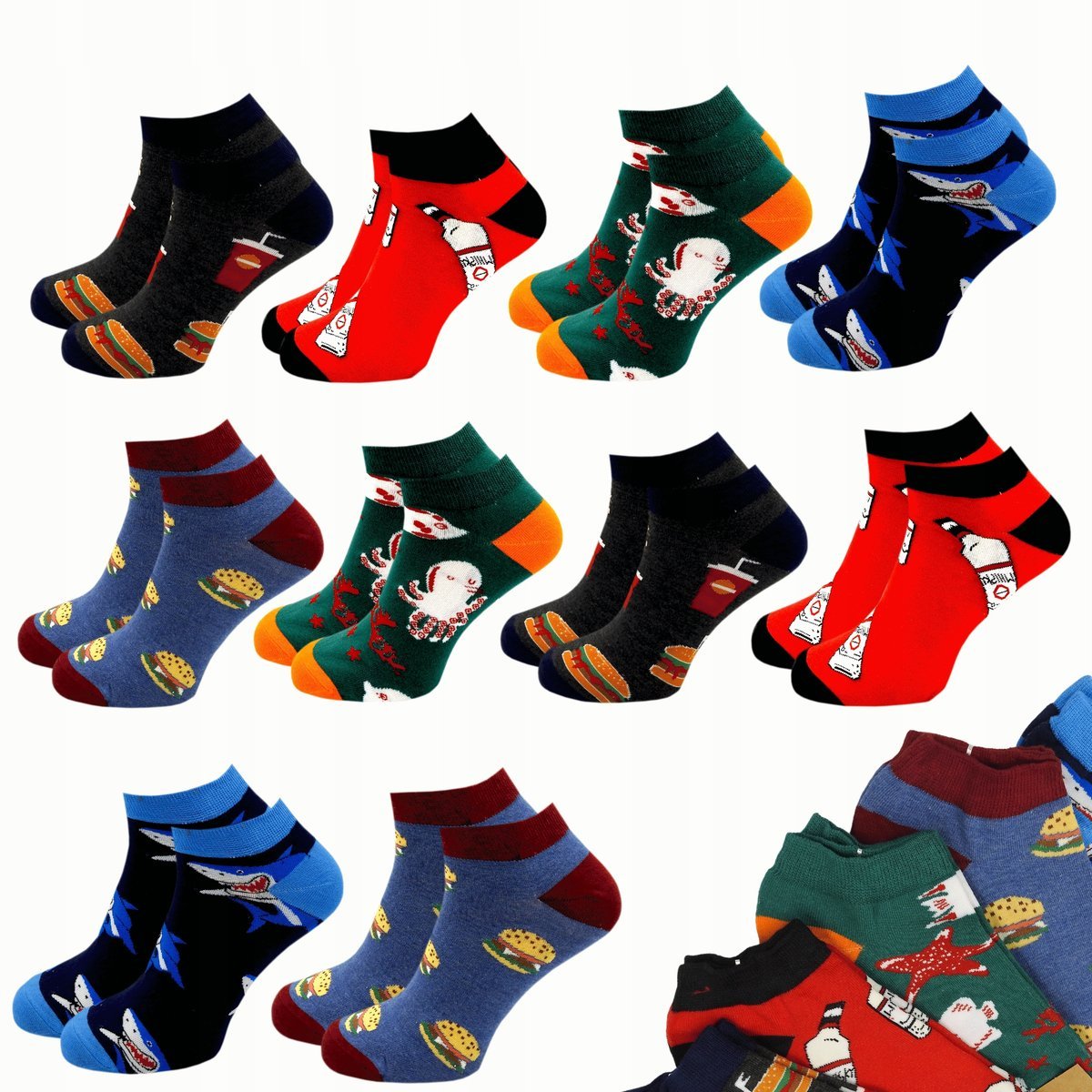 10 X Skarpetki Męskie Bawełniane Skarpety Stopki Kolorowe Śmieszne 40/43