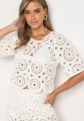 Bluzki damskie - Biała Ażurowa Bluzka z Bawełny Dlinaya - miniaturka - grafika 1