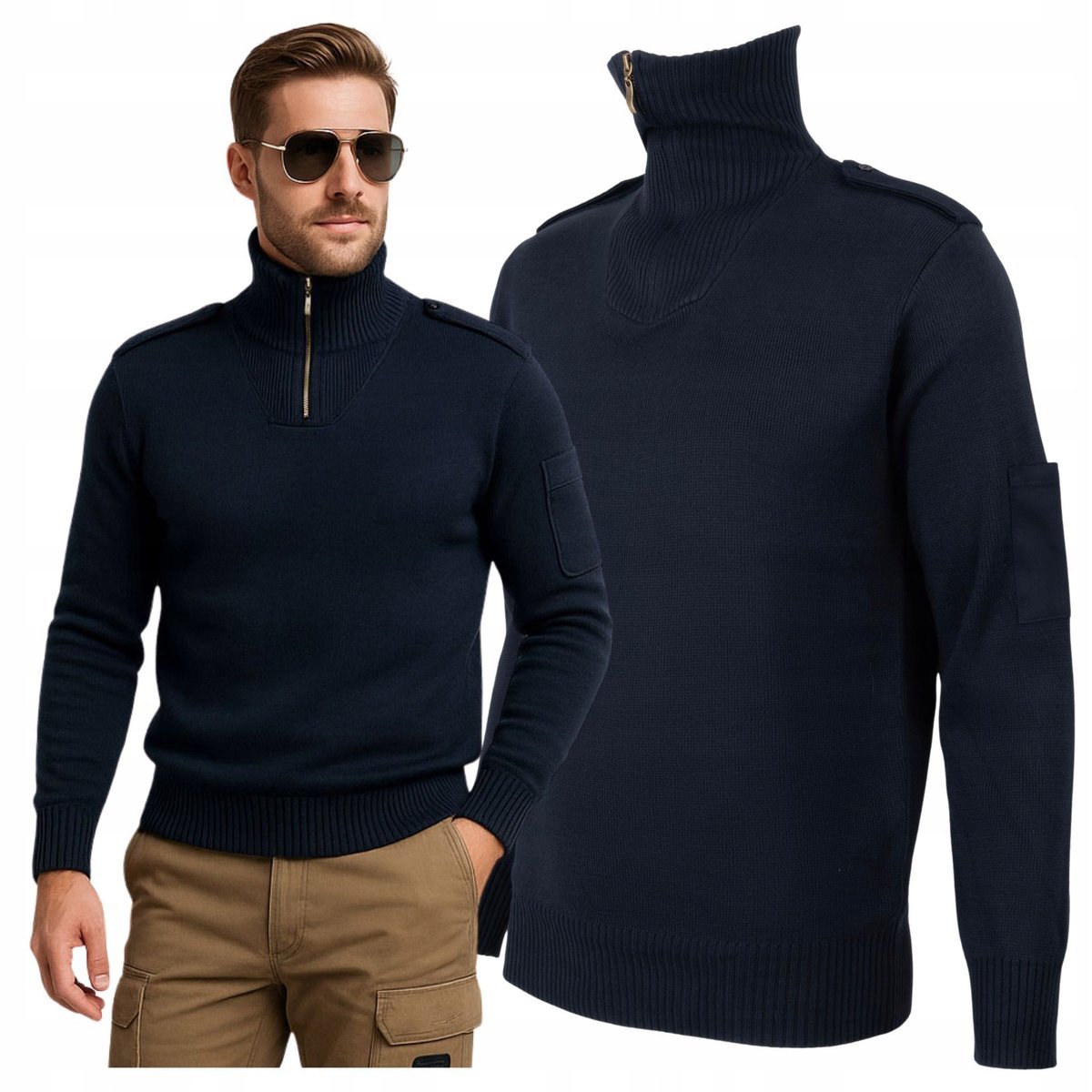 Sweter Męski NAVIGATOR Granatowy z Zamkiem i Pagonami Styl Lotniczy XL